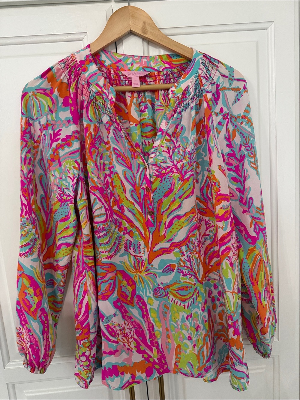 Lilly Pulitzer Vibrant Multicolor Coral-Print Peasant Blouse